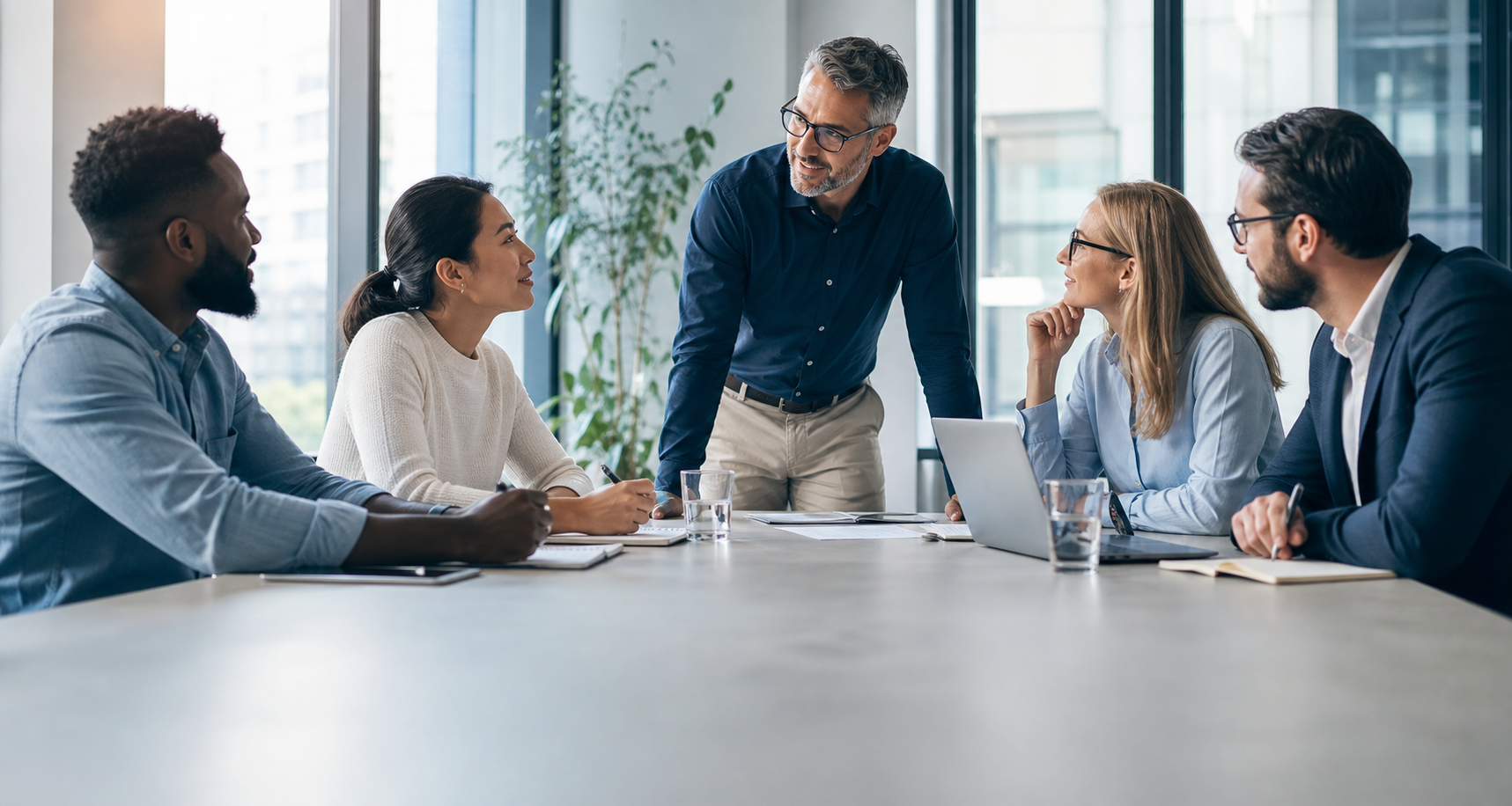 Consultants working together in a bright meeting room